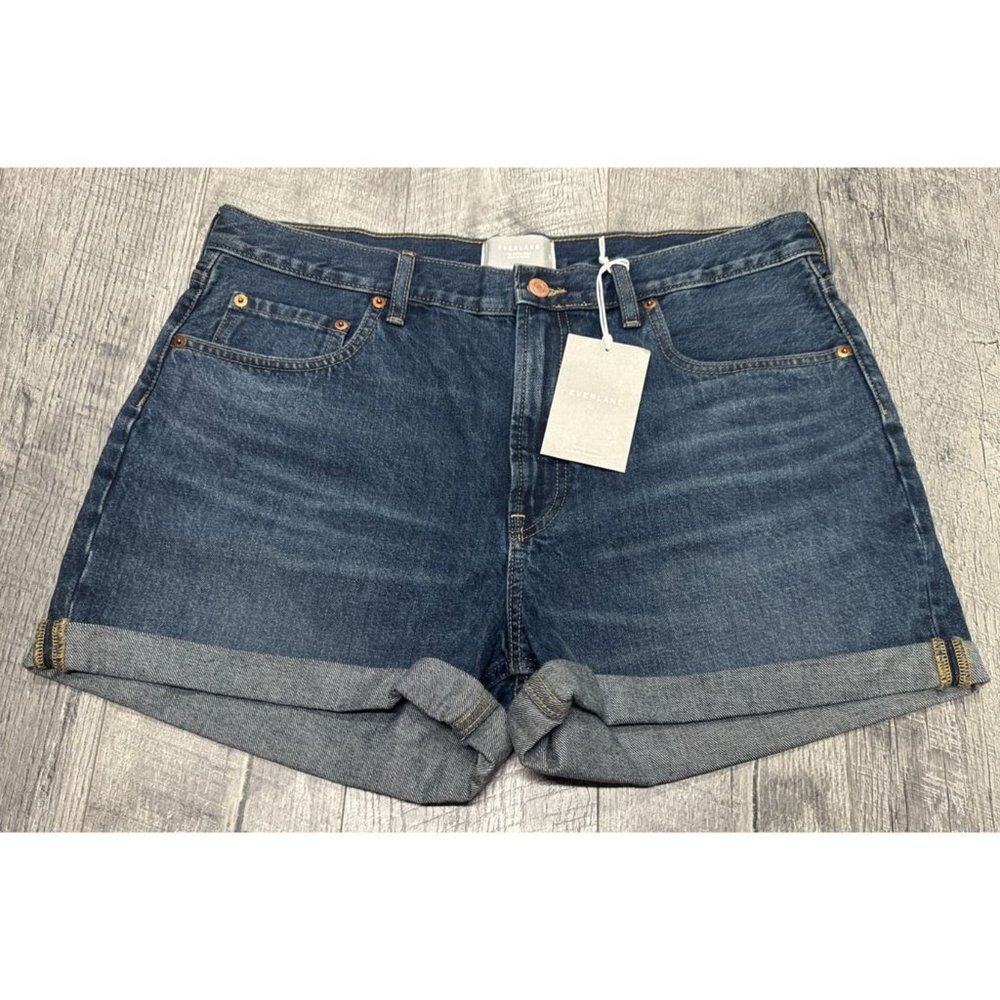 Everlane Jean Shorts Womens 32 Cuffed Blue Denim Cotton High Waist Cowgirl NEW